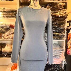 Elegant Blue Long Sleeve open back Dress